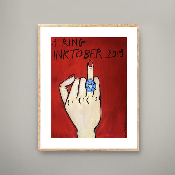 Découvrez "1.RING" dessin de la série DRAW ME A LINE d'Alina(lalala). Pastel sur papier de 30x40 cm, encadré 40x50 cm avec passe-partout blanc : cadre en bois de chêne, verre acrylique épais, léger et incassable. Voir tous les dessins, l'univers déjanté et décapant de l'artiste.