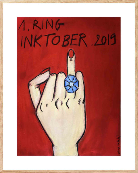 Découvrez "1.RING" dessin de la série DRAW ME A LINE d'Alina(lalala). Pastel sur papier de 30x40 cm, encadré 40x50 cm avec passe-partout blanc : cadre en bois de chêne, verre acrylique épais, léger et incassable. Voir tous les dessins, l'univers déjanté et décapant de l'artiste.