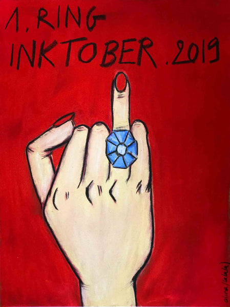 Découvrez "1.RING" dessin de la série DRAW ME A LINE d'Alina(lalala). Pastel sur papier de 30x40 cm, encadré 40x50 cm avec passe-partout blanc : cadre en bois de chêne, verre acrylique épais, léger et incassable. Voir tous les dessins, l'univers déjanté et décapant de l'artiste.