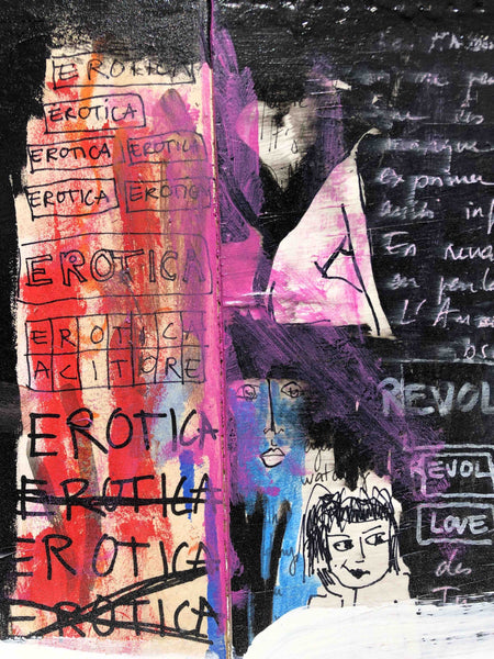 Découvrez "UNTITLED" peinture d'Alina Schiau, aka (lalala) de la série WORDS. Technique mixte sur toile.  Acrylique, bombe, Posca et collage de dessin sur carton, sur toile montée sur châssis. Voir toutes les oeuvres, l'univers contemporain, déjanté et décapant de l'artiste.