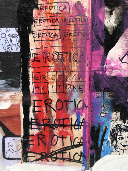 Découvrez "UNTITLED" peinture d'Alina Schiau, aka (lalala) de la série WORDS. Technique mixte sur toile.  Acrylique, bombe, Posca et collage de dessin sur carton, sur toile montée sur châssis. Voir toutes les oeuvres, l'univers contemporain, déjanté et décapant de l'artiste.