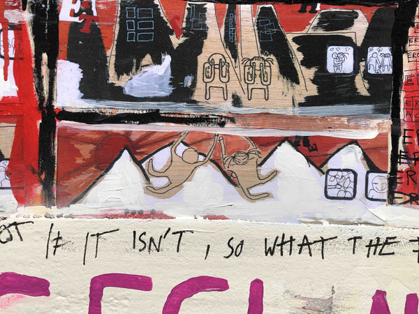 Découvrez "UNTITLED" peinture d'Alina Schiau, aka (lalala) de la série WORDS. Technique mixte sur toile.  Acrylique, bombe, Posca et collage de dessin sur carton, sur toile montée sur châssis. Voir toutes les oeuvres, l'univers contemporain, déjanté et décapant de l'artiste.