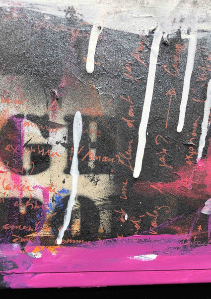 Découvrez "UNTITLED" peinture d'Alina Schiau, aka (lalala) de la série WORDS. Technique mixte sur toile.  Acrylique, bombe, Posca et collage de dessin sur carton, sur toile montée sur châssis. Voir toutes les oeuvres, l'univers contemporain, déjanté et décapant de l'artiste.